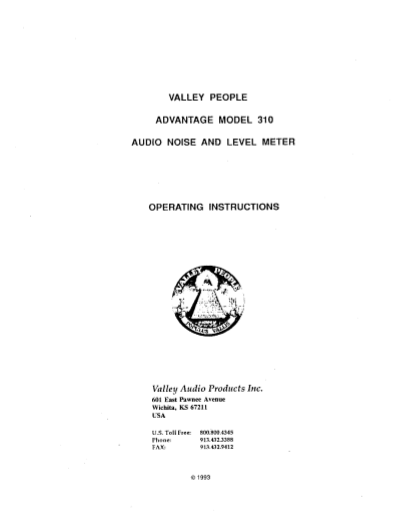 VALLEY AUDIO Advantage Model 310 Noise and Level Meter Owner's Manual