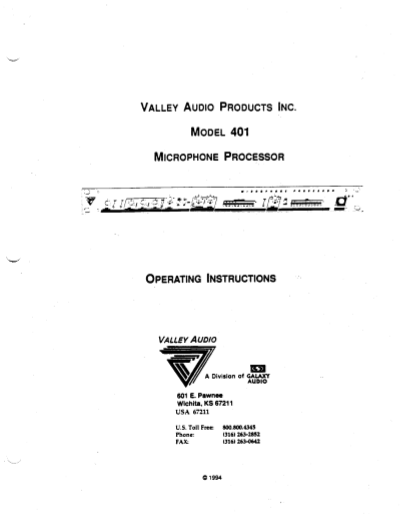 VALLEY AUDIO Model 401 Microphone Processor Owner's Manual