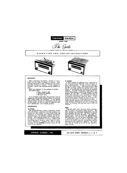 Harman Kardon Model A200 Operation and Service Instruction