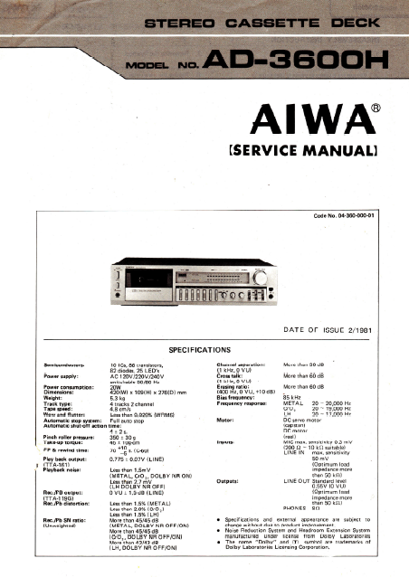 AIWA AD-3600H Stereo Cassette Deck Service Manual