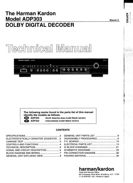 Harman Kardon Model ADP303 Dolby Digital Decoder Technical Service Manual