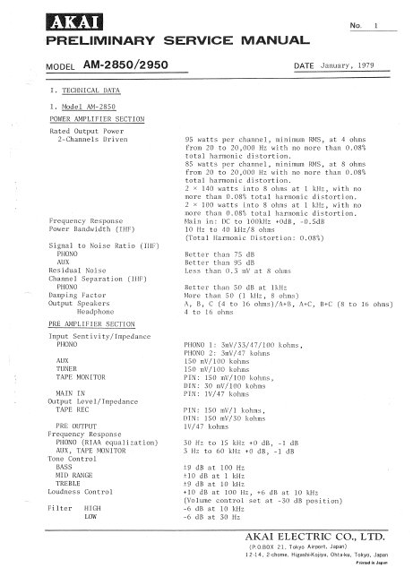 AKAI Model AM 2850-2950 PRELIMINARY Service Manual