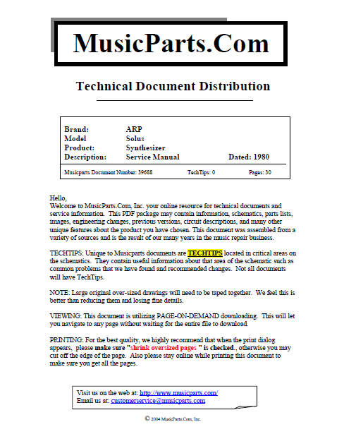 ARP Solus Synthesizer Music Parts Service Manual