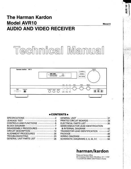 Harman Kardon Model AVR10 Audio Video Receiver Technical Service Manual