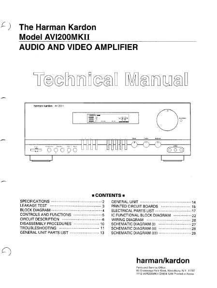 Harman Kardon Model AVI200MKII Audio Video Amplifier Technical Service Manual