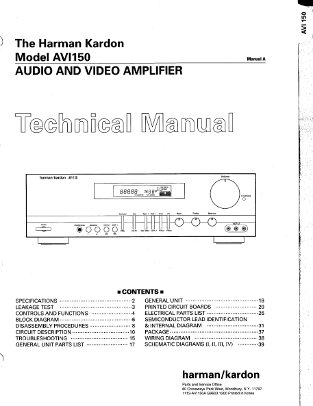 Harman Kardon Model AVI150 Audio Video Amplifier Technical Service Manual