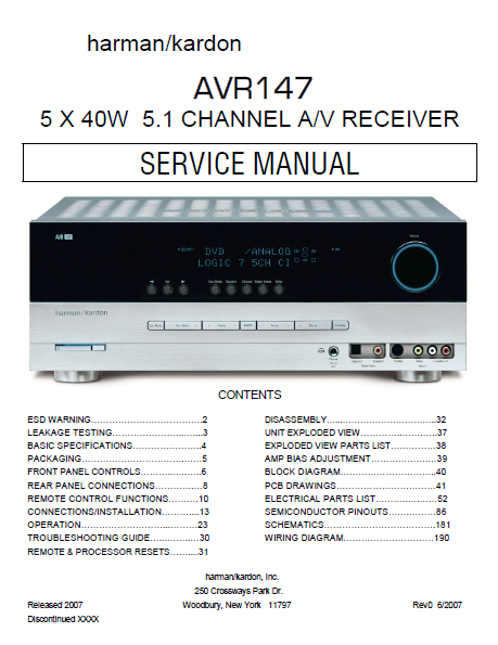 Harman Kardon AVR147 Channel AV Receiver Service Manual