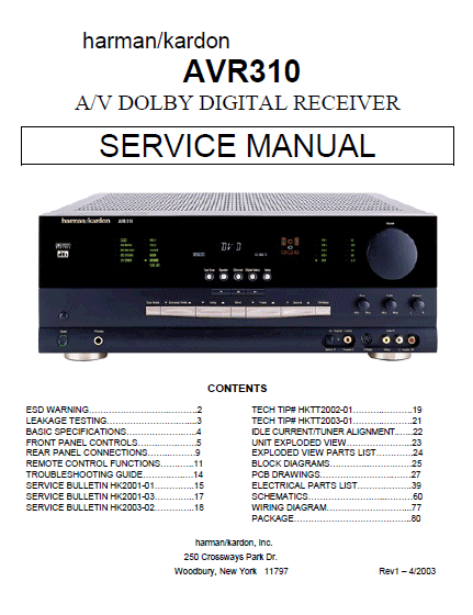 Harman Kardon Model AVR310 AV Dolby Digital Receiver Service Manual