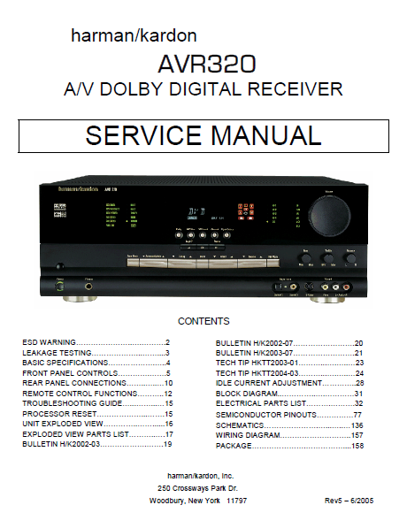 Harman Kardon Model AVR320 AV Dolby Digital Receiver Service Manual