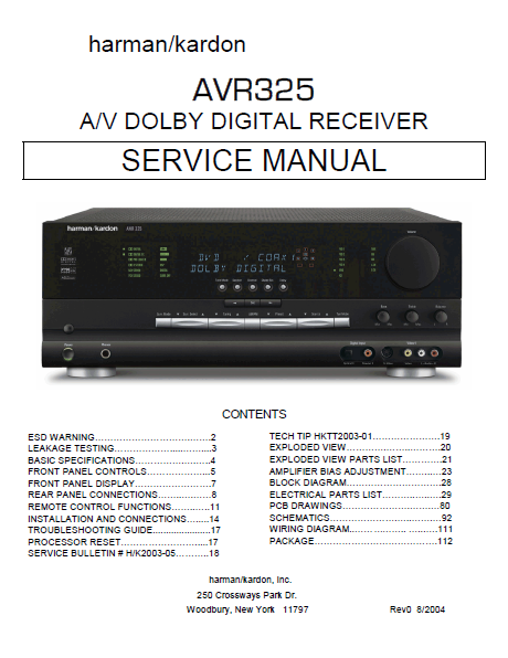 Harman Kardon Model AVR325 AV Dolby Digital Receiver Service Manual