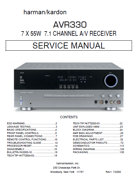 Harman Kardon Model AVR330 Channel AV Receiver Service Manual