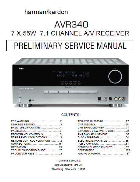 Harman Kardon Model AVR340 Channel AV Receiver Preliminary Service Manual