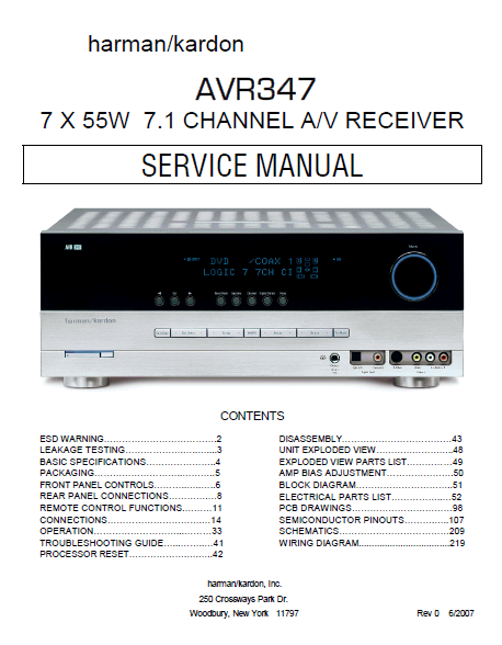 Harman Kardon Model AVR347 Channel AV Receiver Service Manual