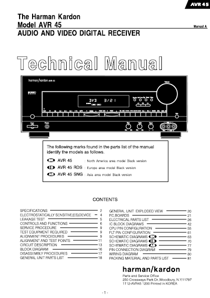 Harman Kardon Model AVR 45 Audio Video Digital Receiver Technical Serv