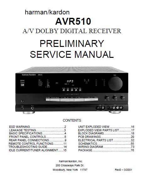 Harman Kardon Model AVR510 AV Dolby Digital Receiver Preliminary Service Manual