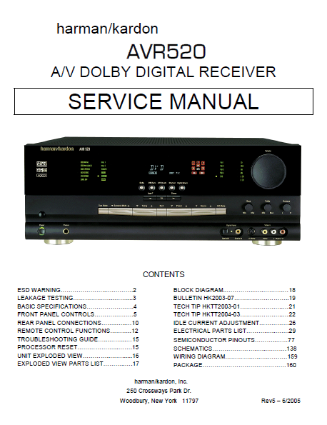 Harman Kardon Model AVR520 AV Dolby Digital Receiver Service Manual