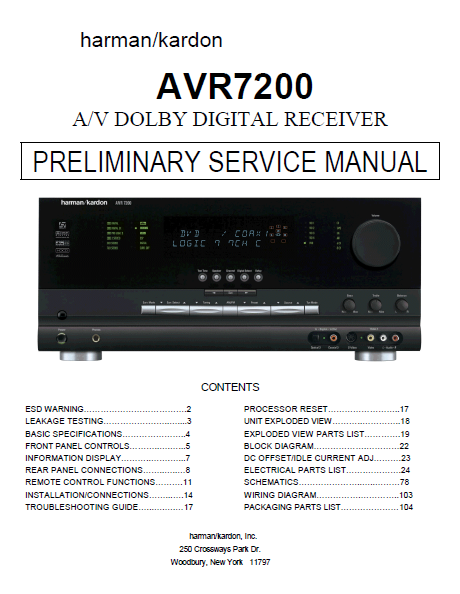 Harman Kardon Model AVR7200 AV Dolby Digital Receiver Preliminary Service Manual