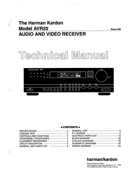 Harman Kardon AVR20 Audio Video Receiver Technical Service Manual