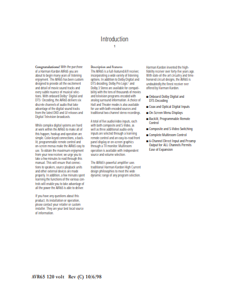 Harman Kardon AVR 65 120 Volt Owner's Manual