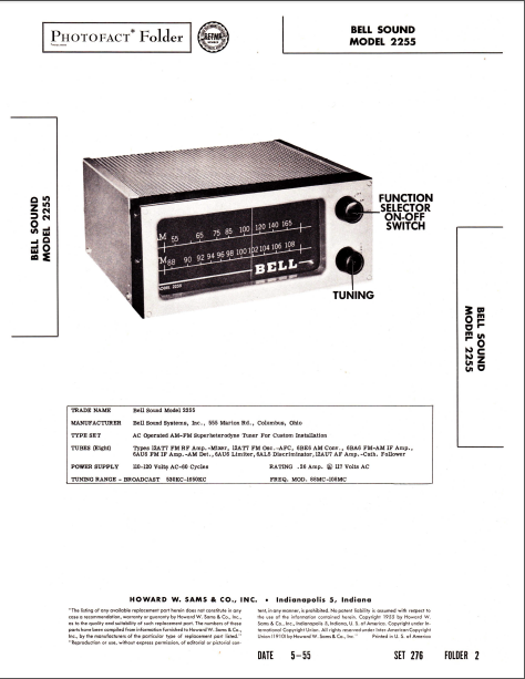 BELL SOUND 2255 Tuner Parts List with Schematics