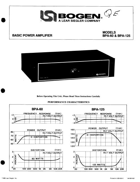 BOGEN Models BPA60-125 Basic Power Amplifier Instruction Manual