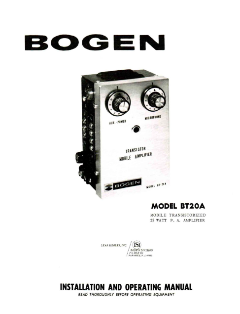 BOGEN BT20A Transistor Mobile Amplifier Instruction Manual