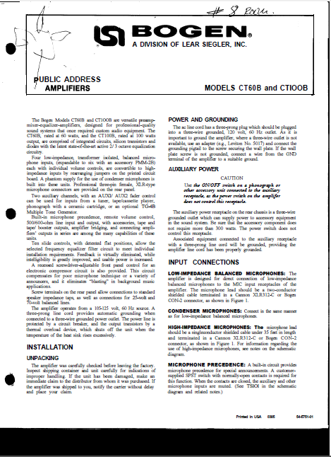 BOGEN CR60B-CTIOOB P.A. Amplifiers Instruction Manual