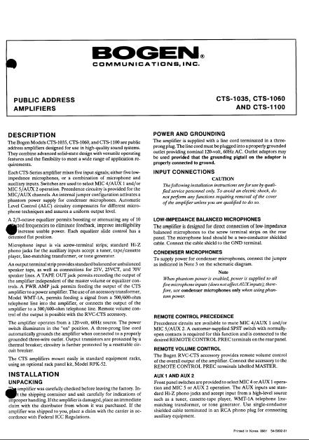 Bogen_CTS1035-CTS1060_CTS1100_Amplifiers Service Manual
