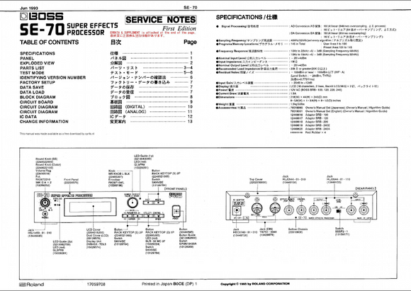 BOSS SE70 Super Effect Processor Service Notes