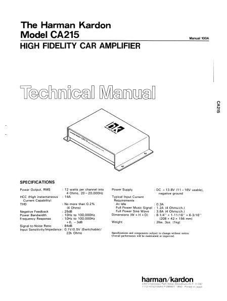 Harman Kardon Model CA215 High Fidelity Car Amplifier Technical Service Manual