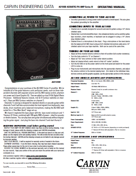 Audio TO Clearcom-CARVIN-AG100D Service Manual