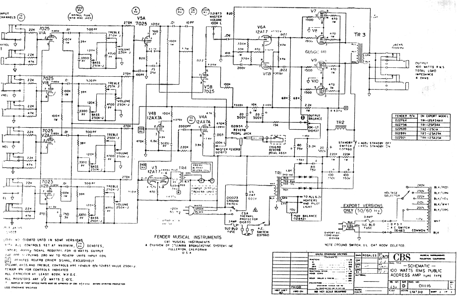 FENDER CBS 100 Watts RMS Public Schematics