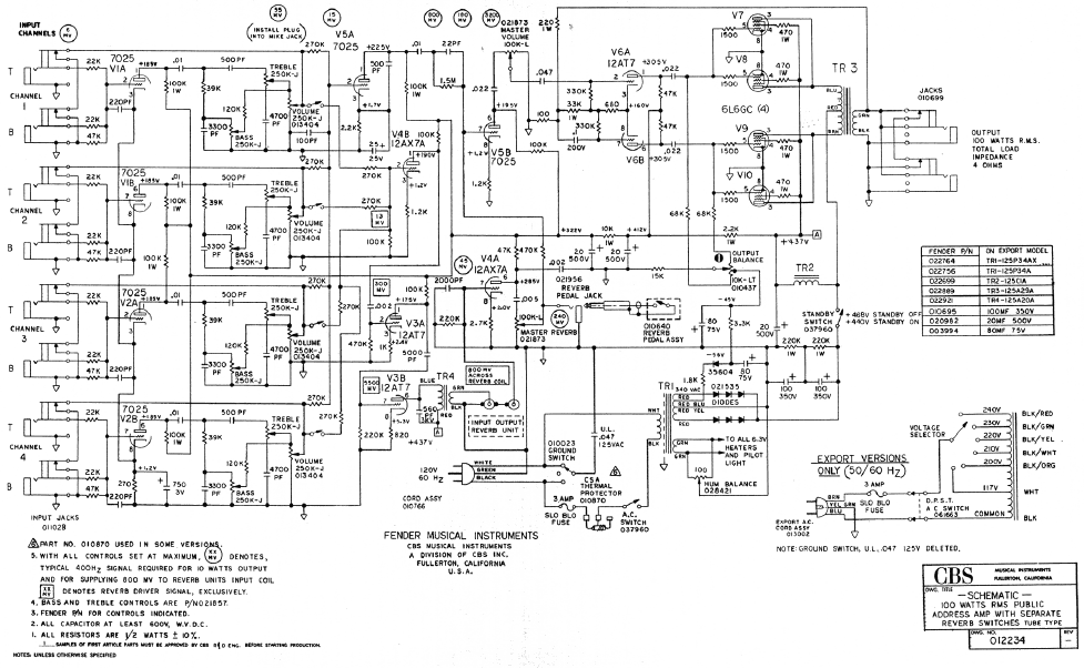 FENDER CBS 100 Watts RMS Public Rev Schematic