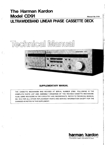 Harman Kardon CD91 Ultrawideband Linear Phase Cassette Deck Technical Service Manual