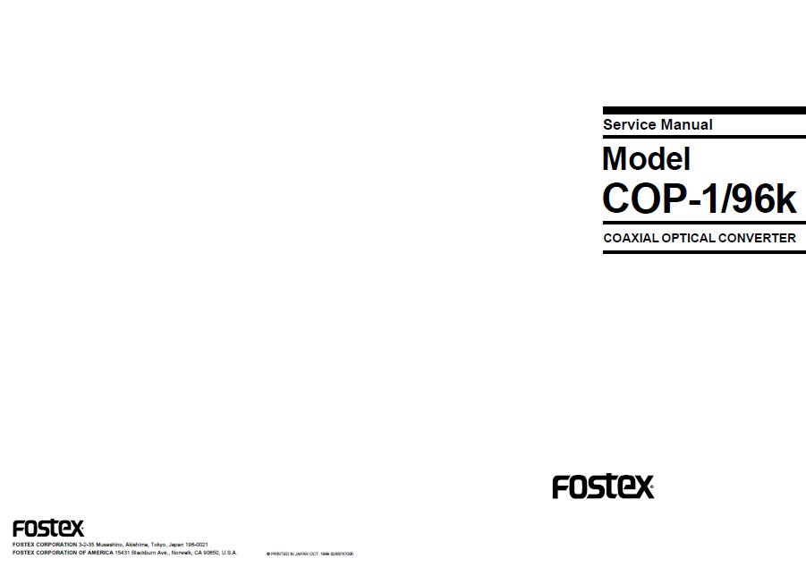 FOSTEX Model COP-1 96K Coaxial Optical Converter Service Manual