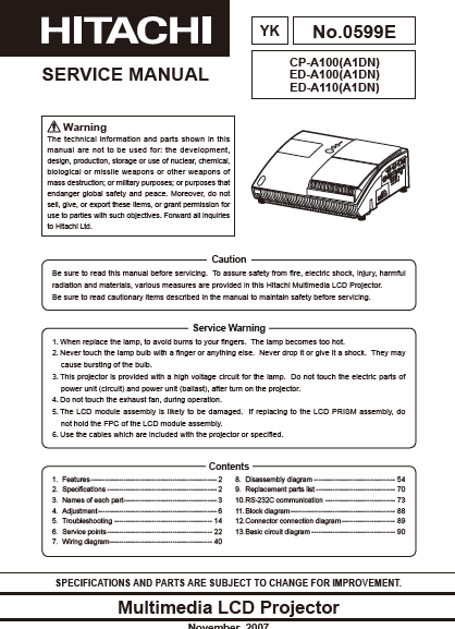 HITACHI CP-A100 YK Multimedia LCD Projector Service Manual