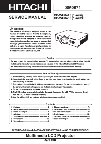 HITACHI CP-WU8440 Multimedia LCD Projector Service Manual