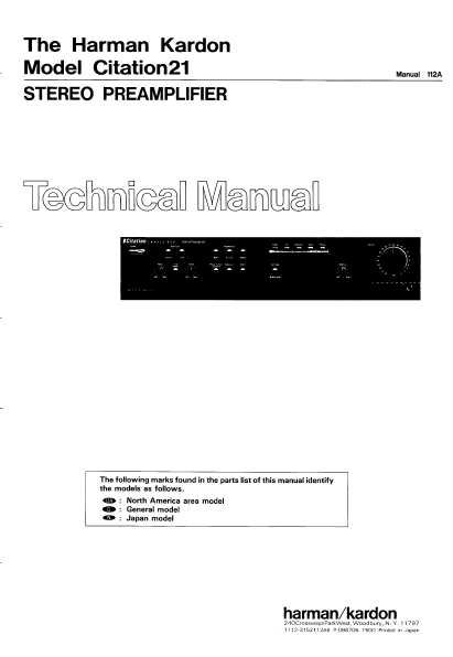 Harman Kardon Citation 21 Stereo Preamplifier Technical Service Manual