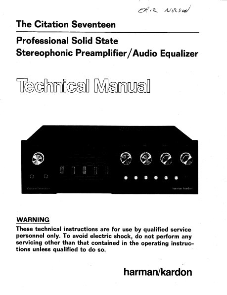 Harman Kardon Model Citation Seventeen Professional Solid State Technical Service Manual