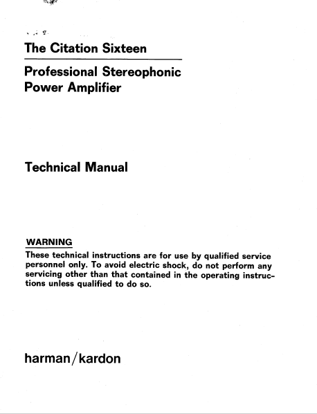 Harman Kardon Model Citation Sixteen Professional Stereophonic Technical Service Manual