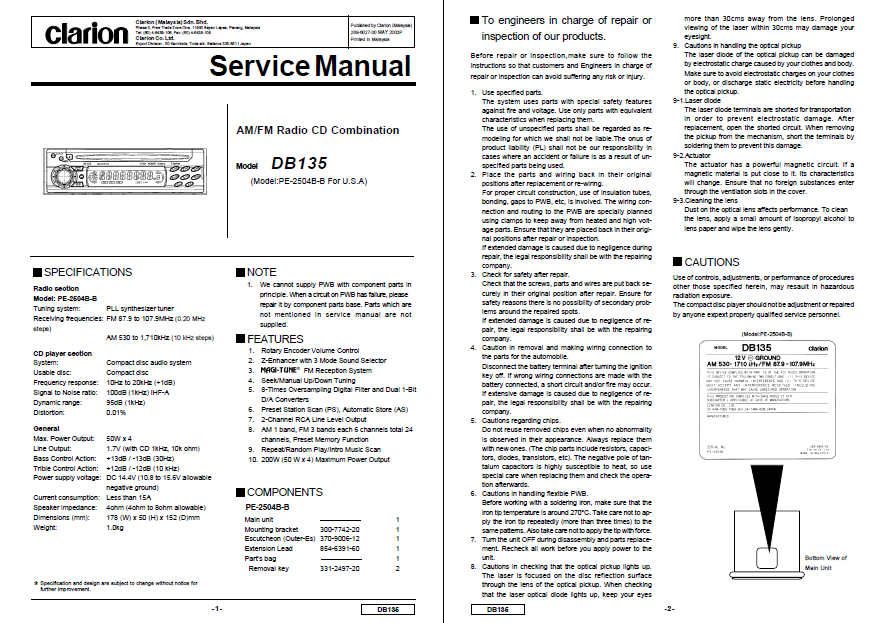Audio TO Clearcom-Clarion_DB135_Am-Fm_Radio_CD Service Manual