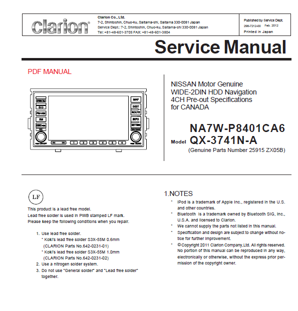 Audio TO Clearcom-Clarion_NA7W-P8401CA6_QX-3741N-A Service Manual