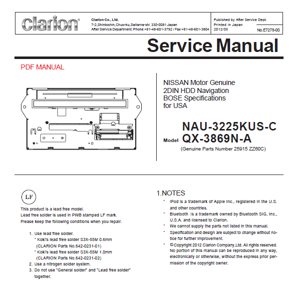 Audio TO Clearcom-Clarion_NAU-3225KUS-C_QX3869NA Service Manual