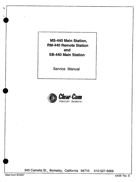 Audio TO Clearcom-Clear Comm MS RM SB 440 CLEAR COM Service Manual