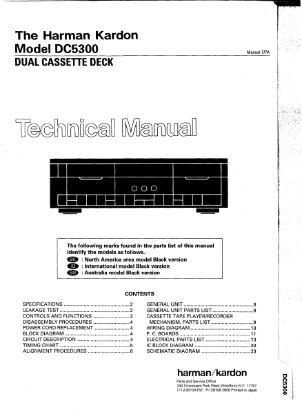 Harman Kardon Model DC5300 Dual Cassette Deck Technical Service Manual