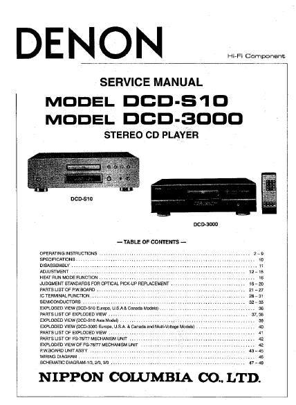 DENON DCD S10-3000 Stereo CD Player Service Manual – Electronic Service  Manuals