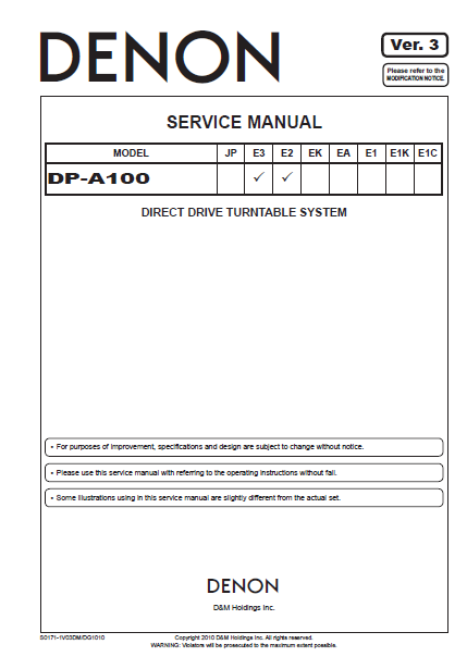 DENON DP-A100 E3 E2 Direct Drive Turntable Service Manual