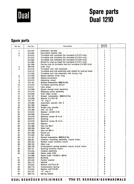 DUAL_1210 SPARE PARTS Service Manual