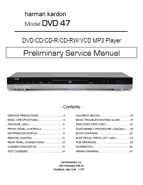Harman Kardon Model DVD 47 MP3 Player Preliminary Service Manual