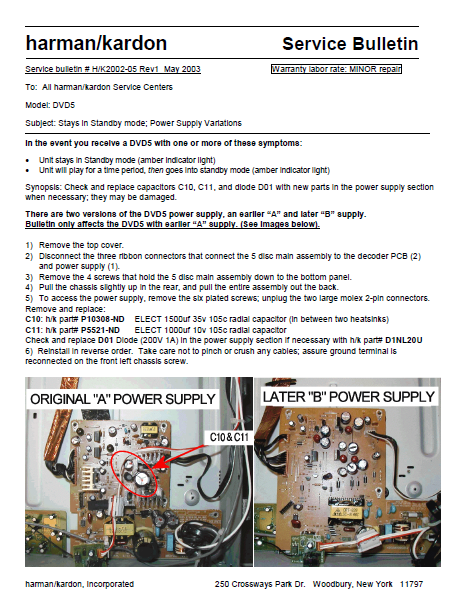 Harman Kardon Model DVD5 HK2002-05 Rev1 Service Bulletin